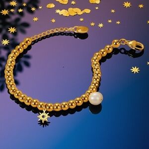 🆕️18K‎ Gold Plated Stainless Steel Beaded Bracelet with Sun & Pearl Charms ✨